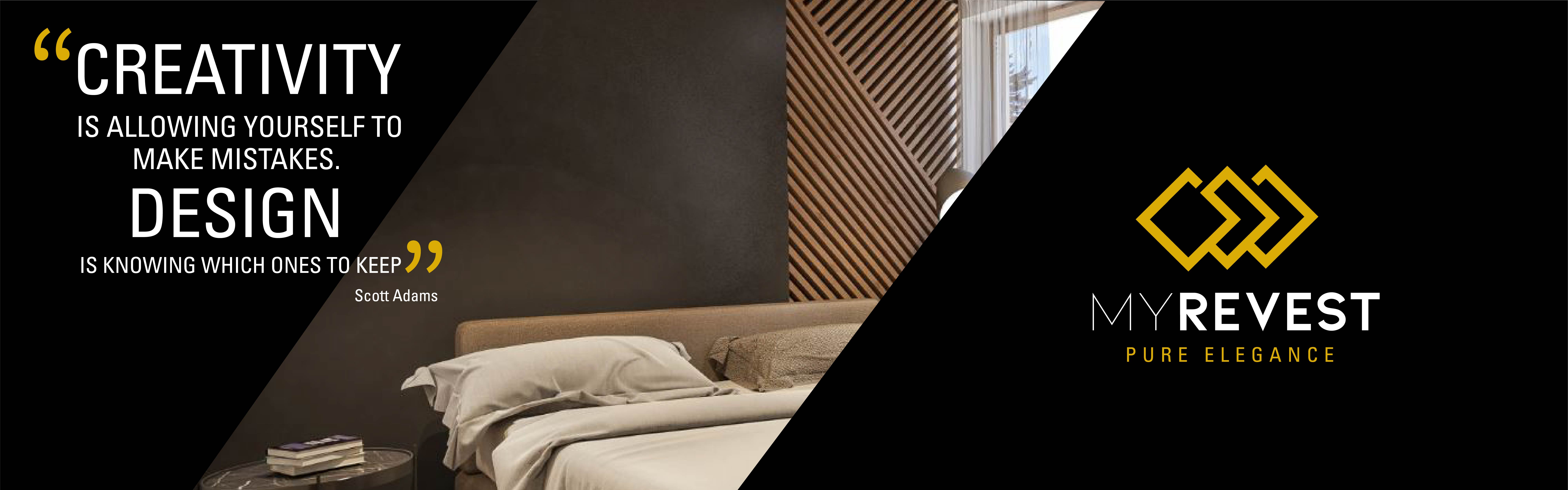 Mikrozementverkleidung an der Wand eines minimalistischen Schlafzimmers neben dem Logo von MyRevest