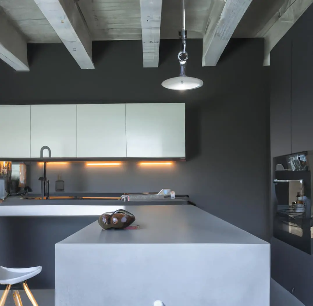 Dapur dalam warna gelap, dengan bar dan meja Microcement kelabu