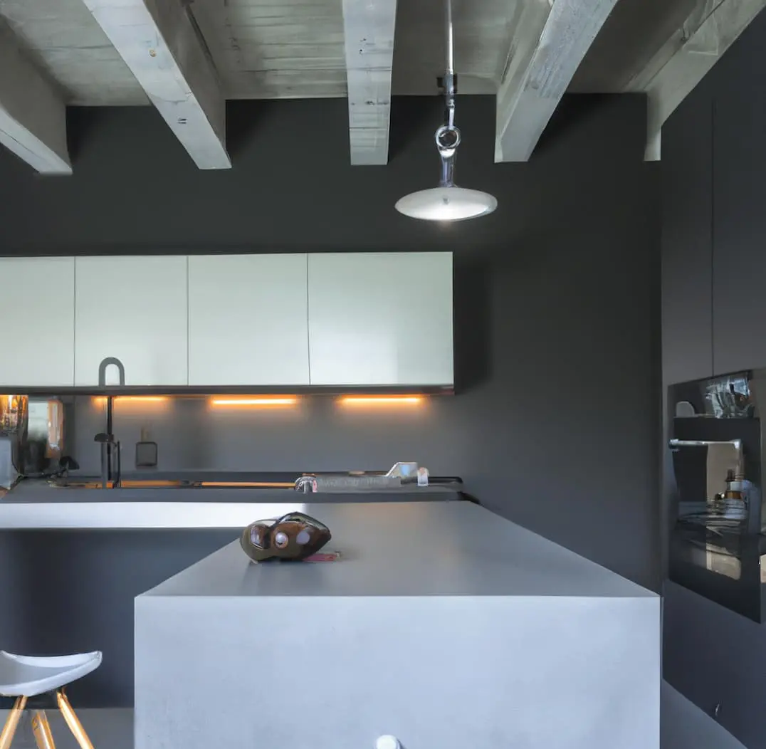 深色厨房，带有灰色微水泥的吧台和台面